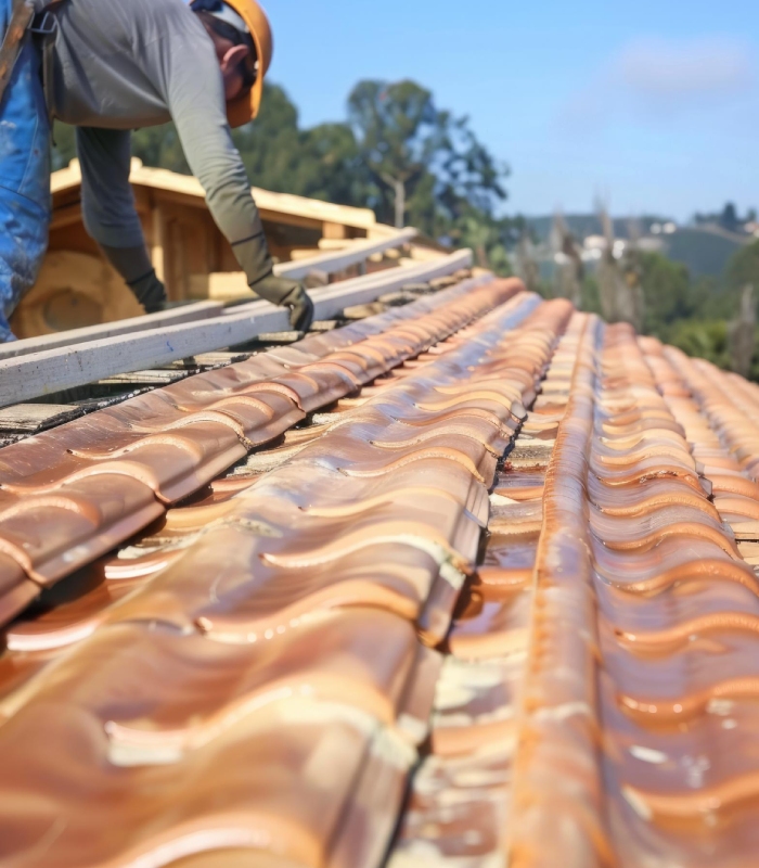 Artisan réalisant la rénovation d’une toiture en tuiles